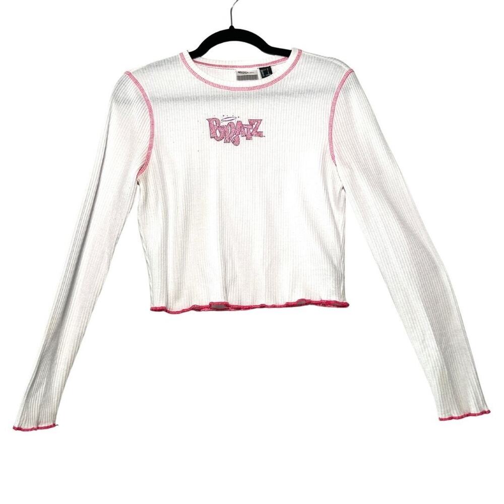 White Bratz logo Cropped long sleeve waffle knit shirt pink glitter size M